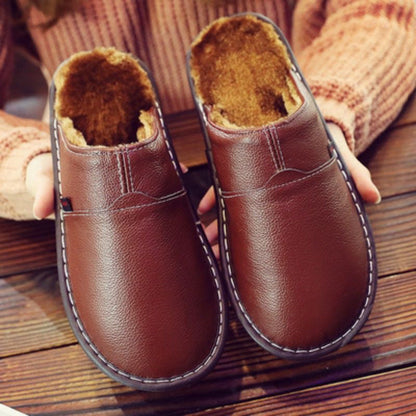 Auldweave warm wide fit leather slippers – brown pair showing warm lining
