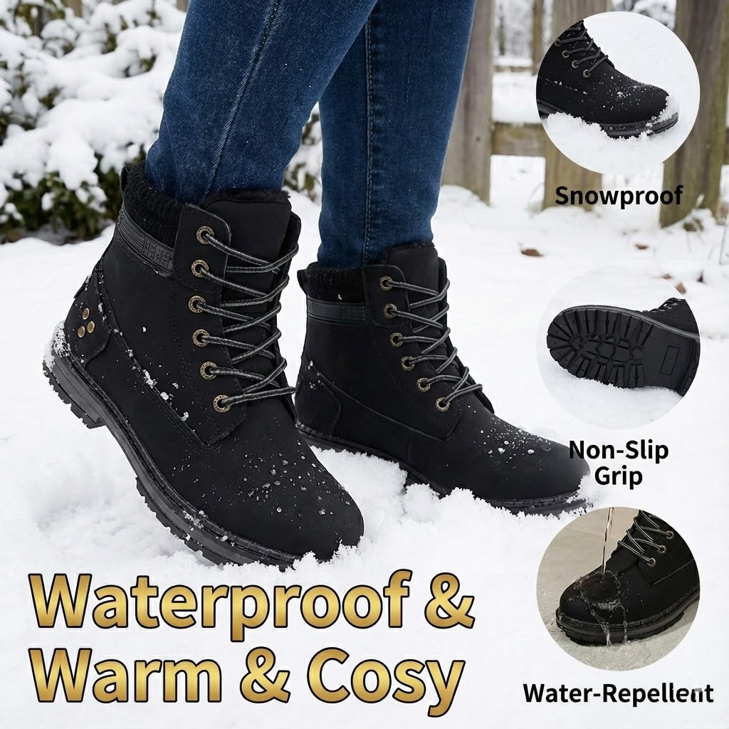 Faux-fur-lined winter ankle boots – black boots winter grip feature graphic