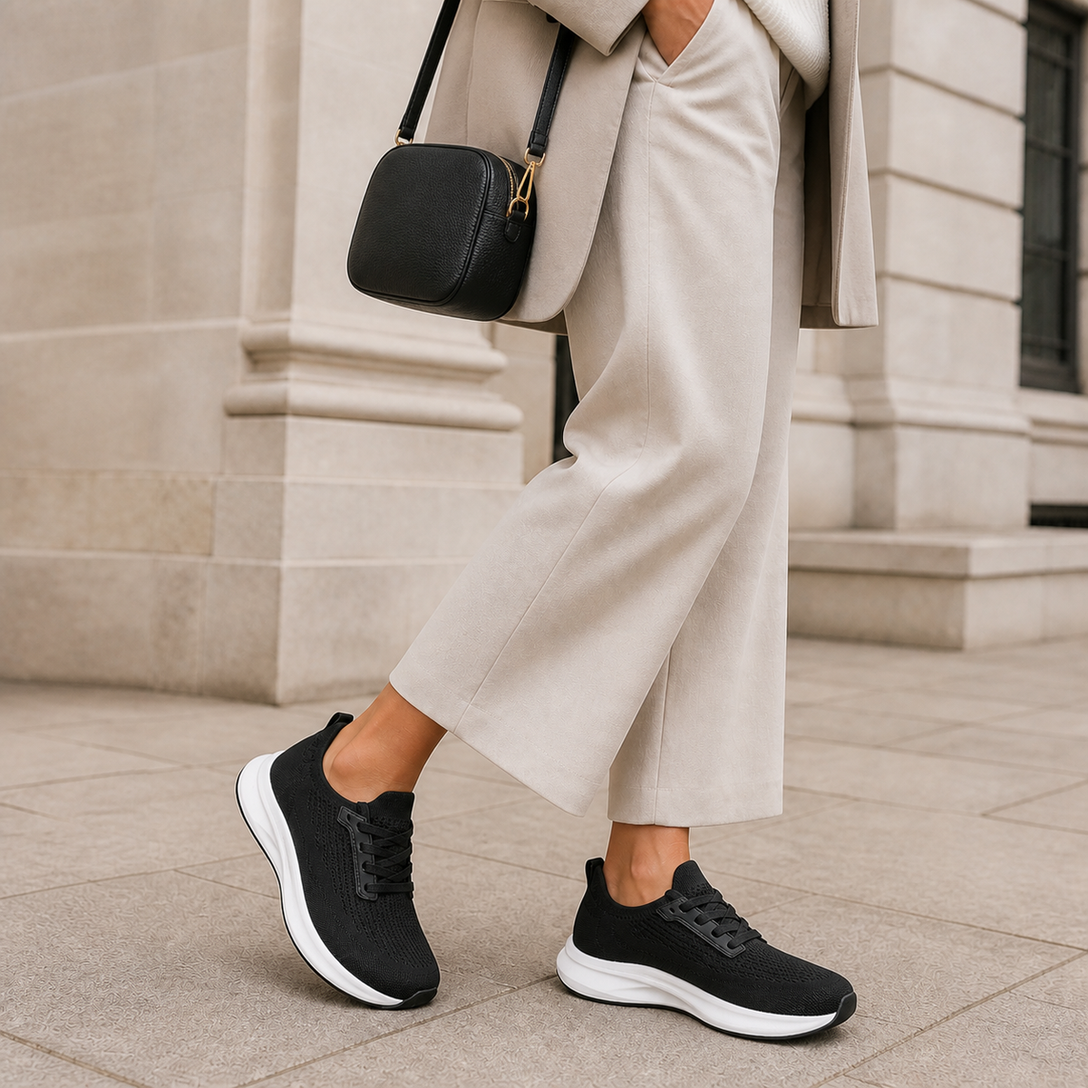Black breathable work trainers styled with cream city tailoring