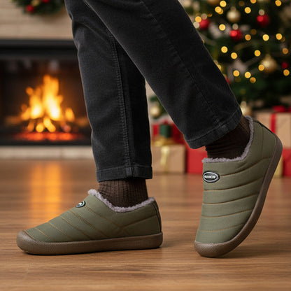 Fleece-lined winter clogs – olive pair worn indoors