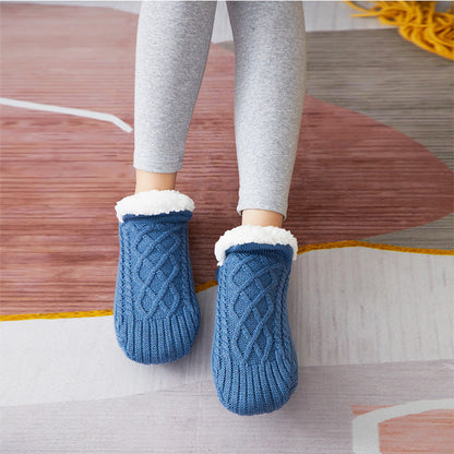 Auldweave unisex soft fleece-lined slipper socks – blue pair worn indoors
