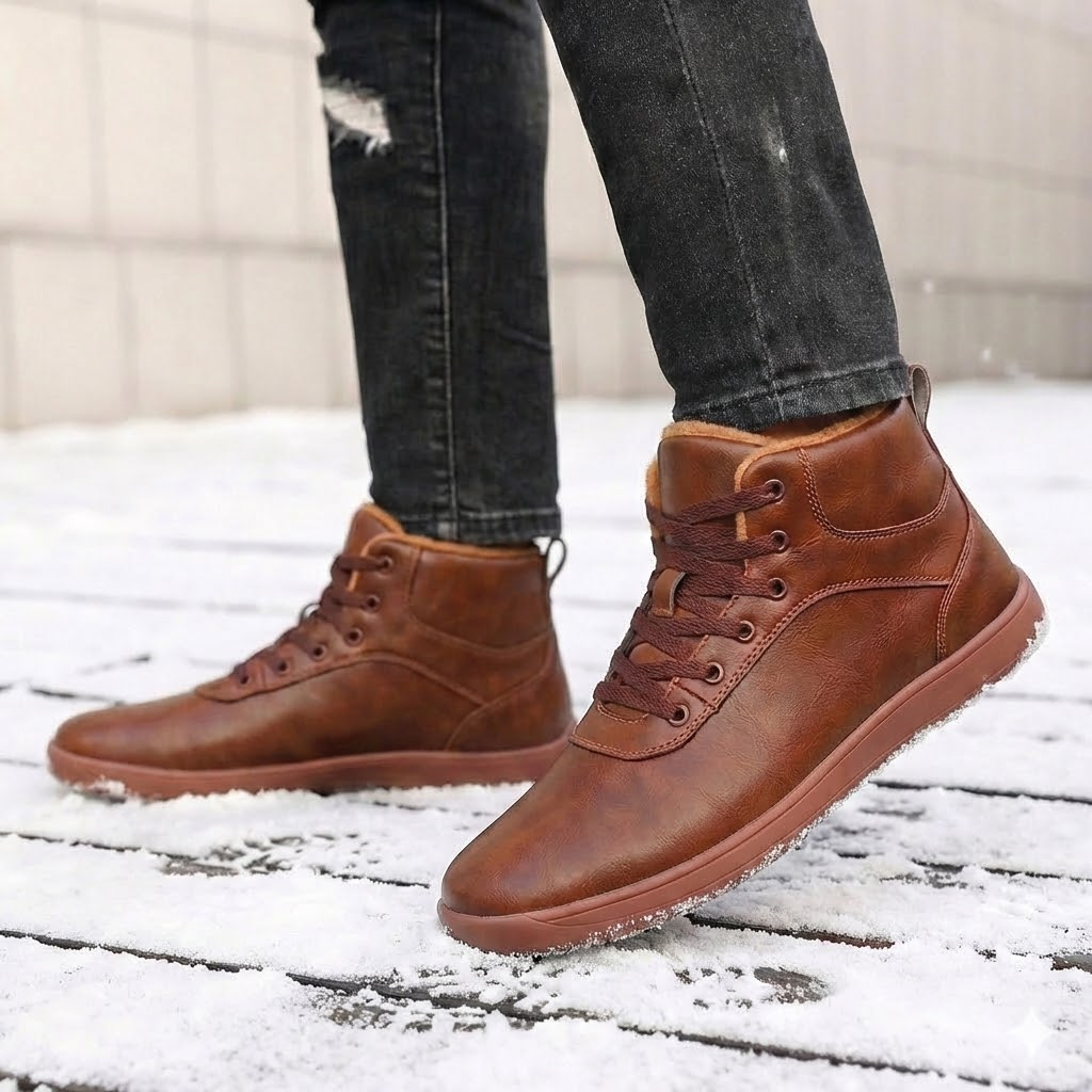 Fleece-lined lace-up winter boots – brown pair on a snowy path