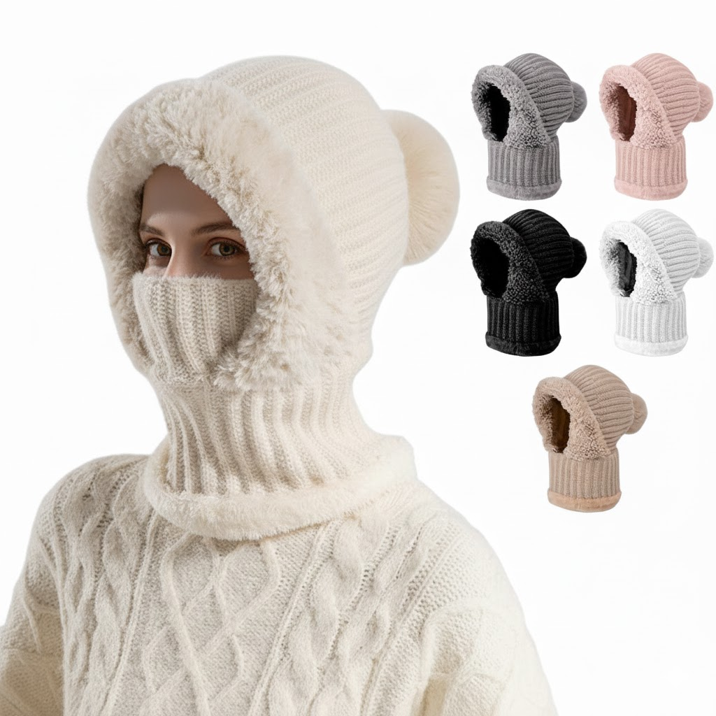 Three-in-one fleece-lined winter hood – beige hood worn outdoors