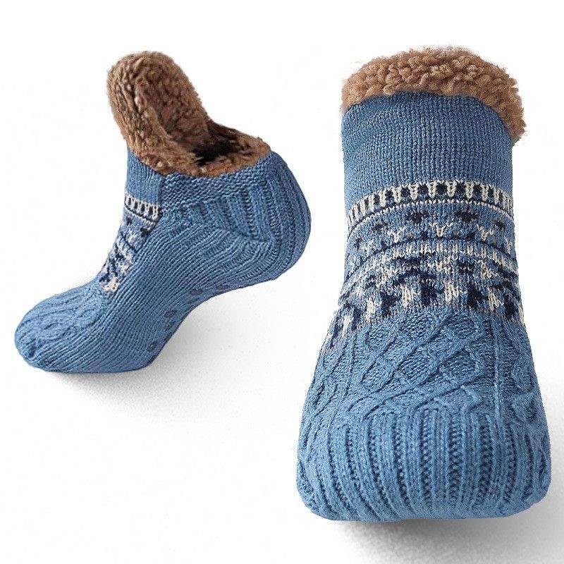 Auldweave warm fleece-lined non-slip slipper socks – blue pair in front and sole views