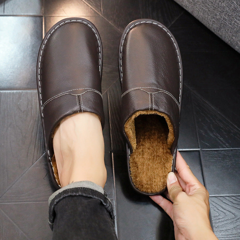 Auldweave warm wide fit leather slippers – dark brown slipper worn with matching pair held