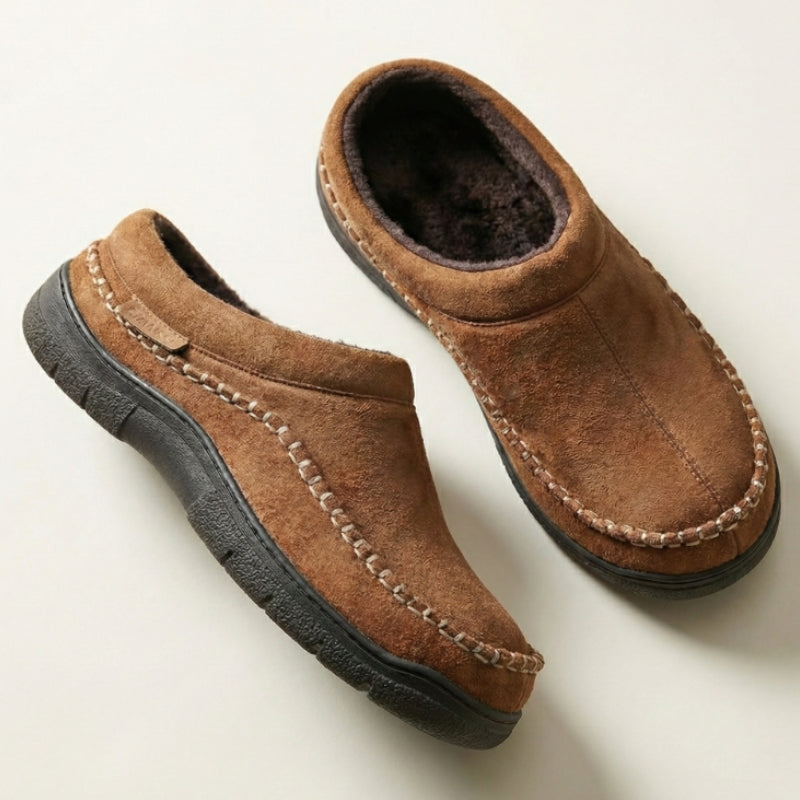 Brown moccasin slippers showing the lining and side profile