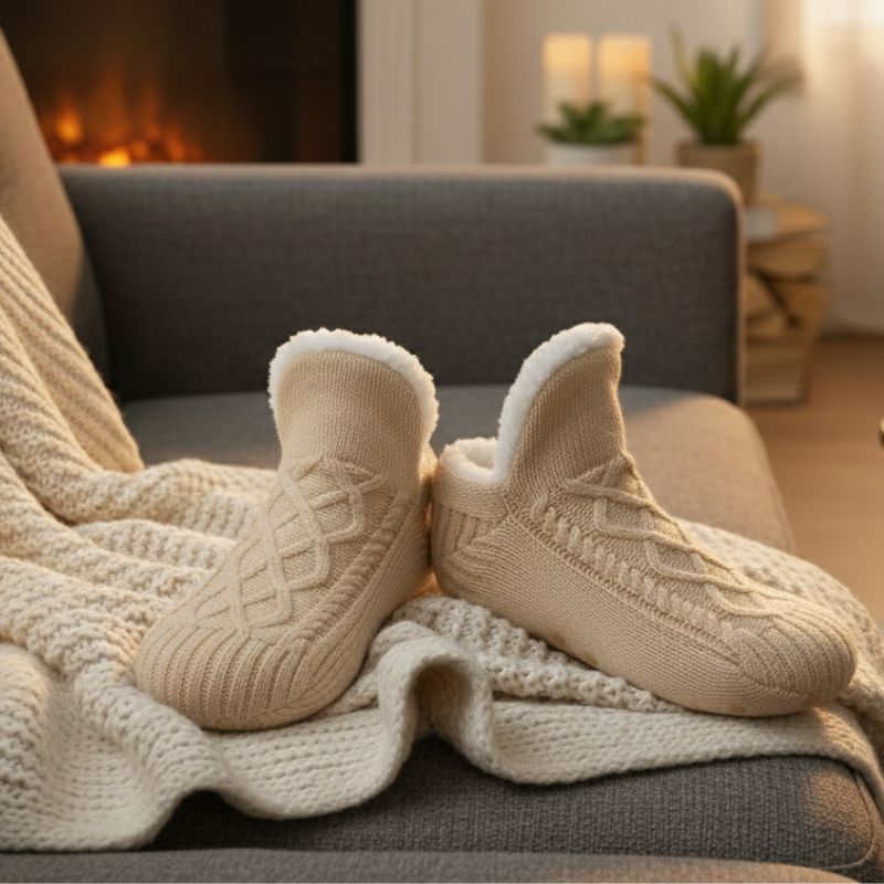 Auldweave unisex soft fleece-lined slipper socks – beige pair beside a fireplace