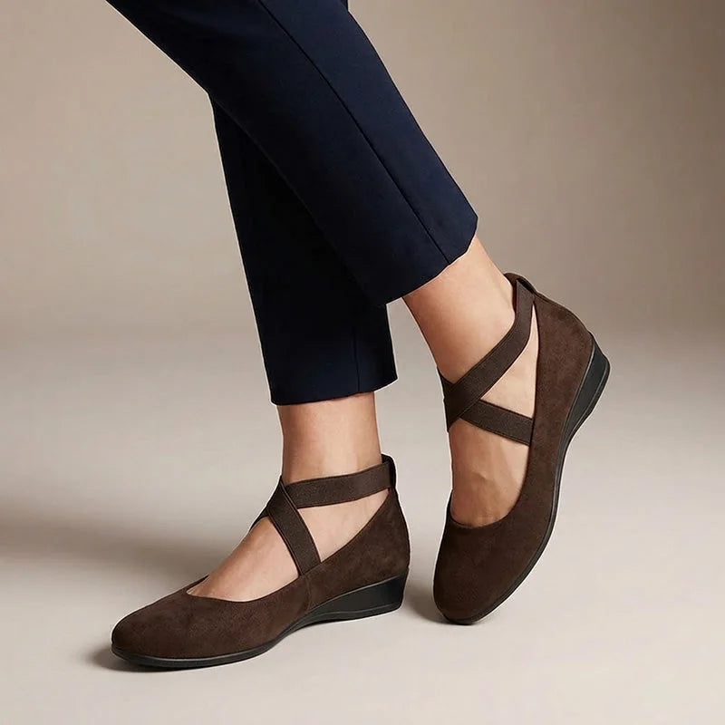 Brown Mary Jane flats for women, side on-foot view