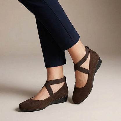 Brown Mary Jane flats for women, side on-foot view