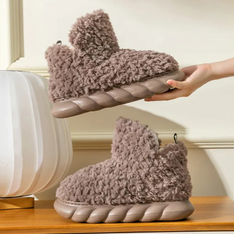Plush fleece ankle slippers – dark brown pair