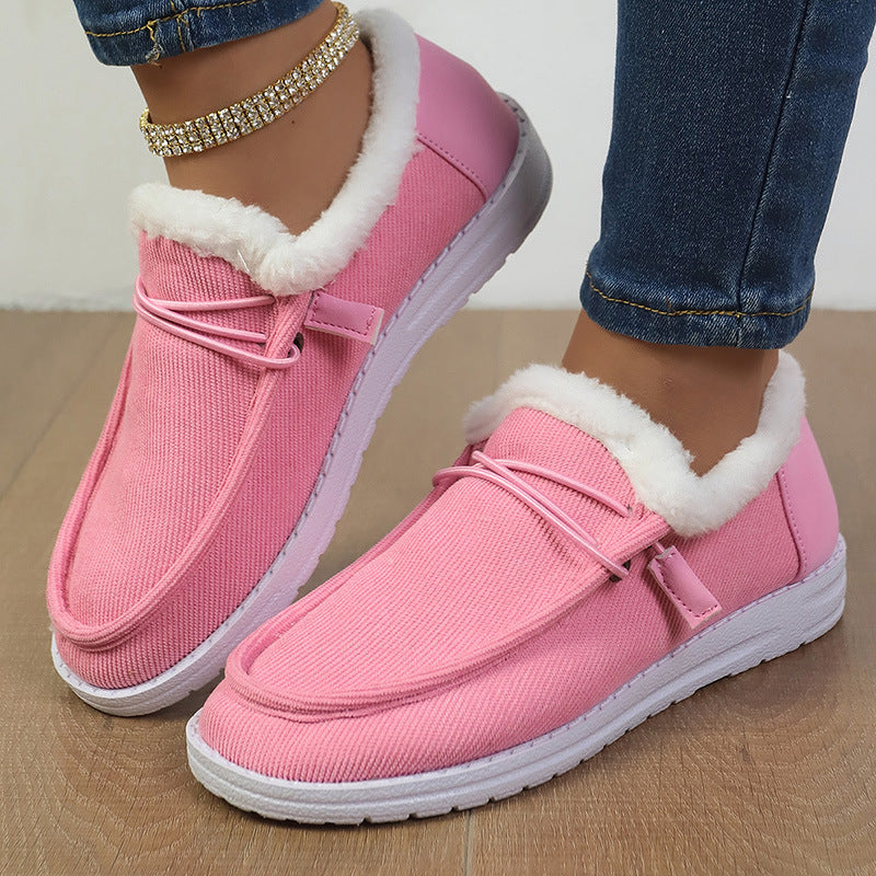 Auldweave women's lightweight fleece-lined winter shoes – pink pair worn from the front