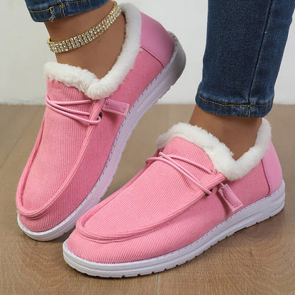 Auldweave women's lightweight fleece-lined winter shoes – pink pair worn from the front