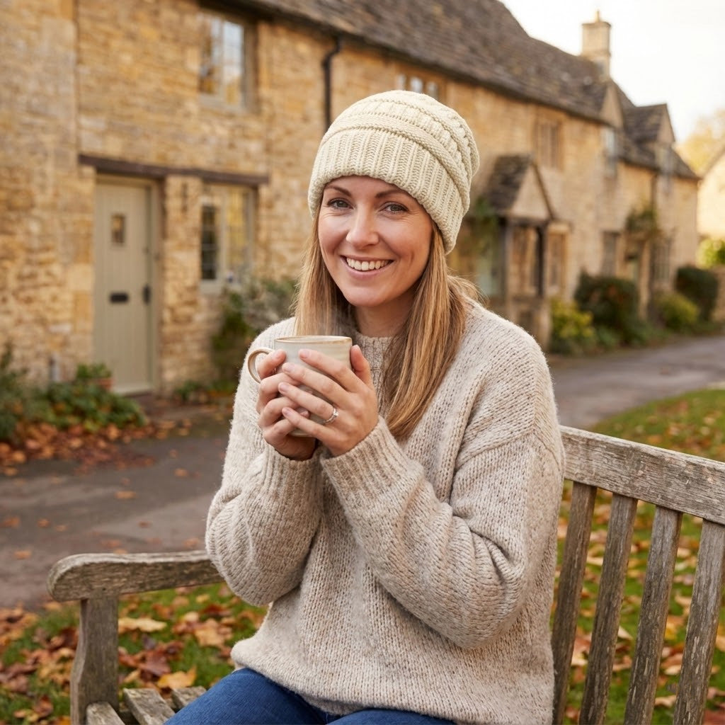Cable-knit winter beanie – cream beanie worn outside a stone building