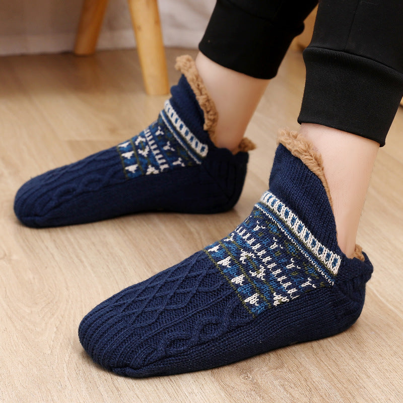 Auldweave warm fleece-lined slipper socks – navy pair worn indoors