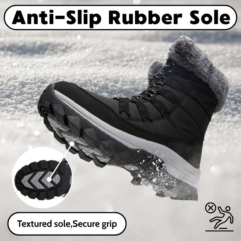 Black winter boot showing the tread pattern on the outsole