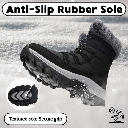 Black winter boot showing the tread pattern on the outsole