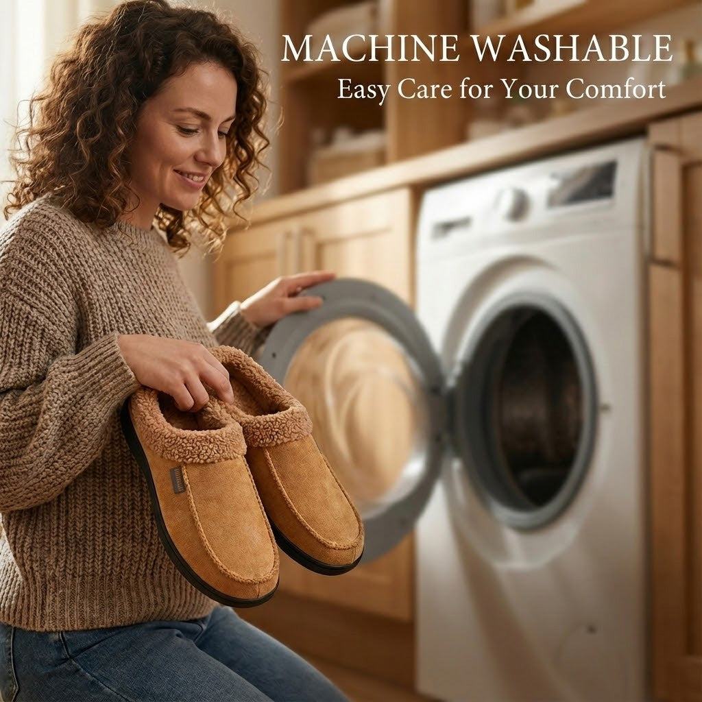 Auldweave Men’s warm wide fit winter slippers. Woman holding slippers with a washing machine in the background, emphasizing machine washability.
