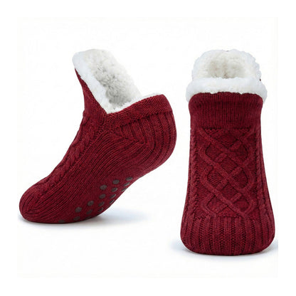 Auldweave unisex soft fleece-lined slipper socks – burgundy pair on a white background