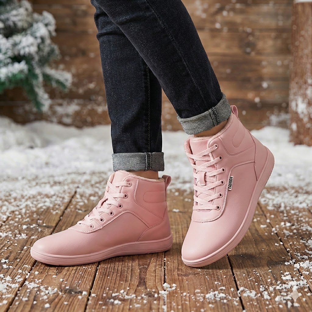 Fleece-lined lace-up winter boots – pink pair on a snowy path
