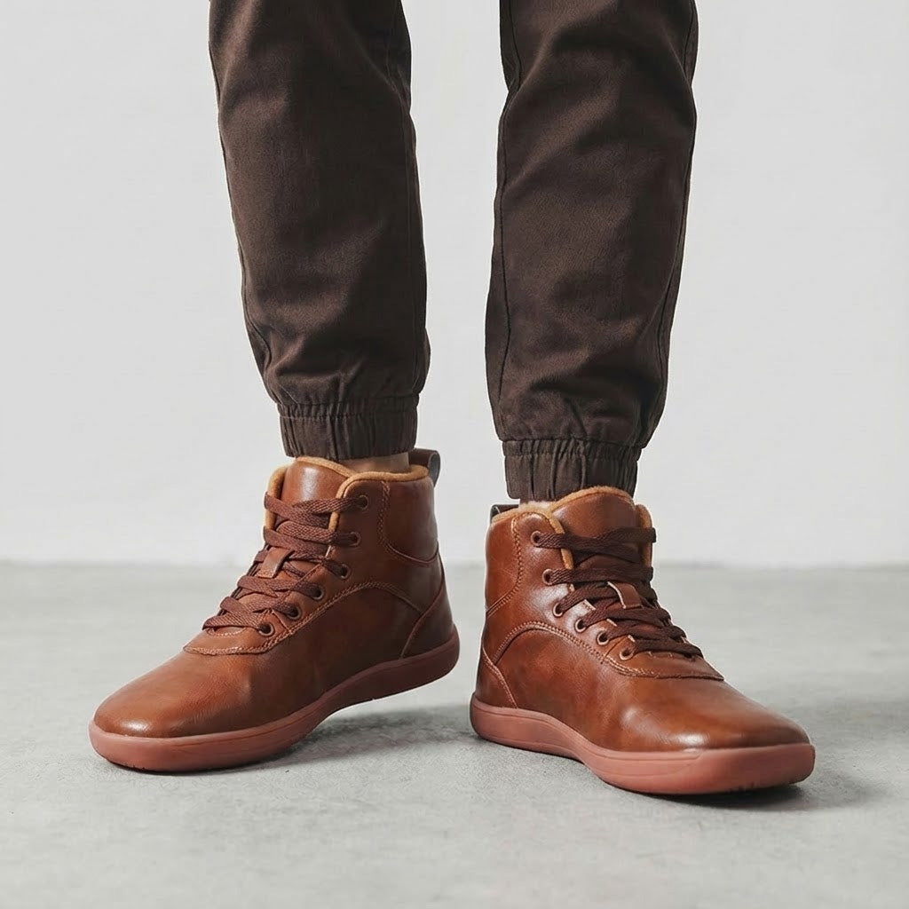 Fleece-lined lace-up winter boots – brown boots worn indoors