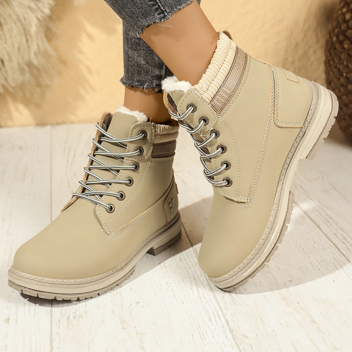 Faux-fur-lined winter ankle boots – beige pair lace-up detail