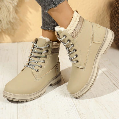 Faux-fur-lined winter ankle boots – beige pair lace-up detail
