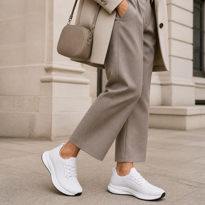 White breathable work trainers styled with taupe city tailoring