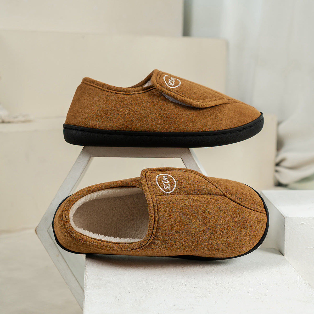 Auldweave women's adjustable wide fit slippers – tan pair showing adjustable straps