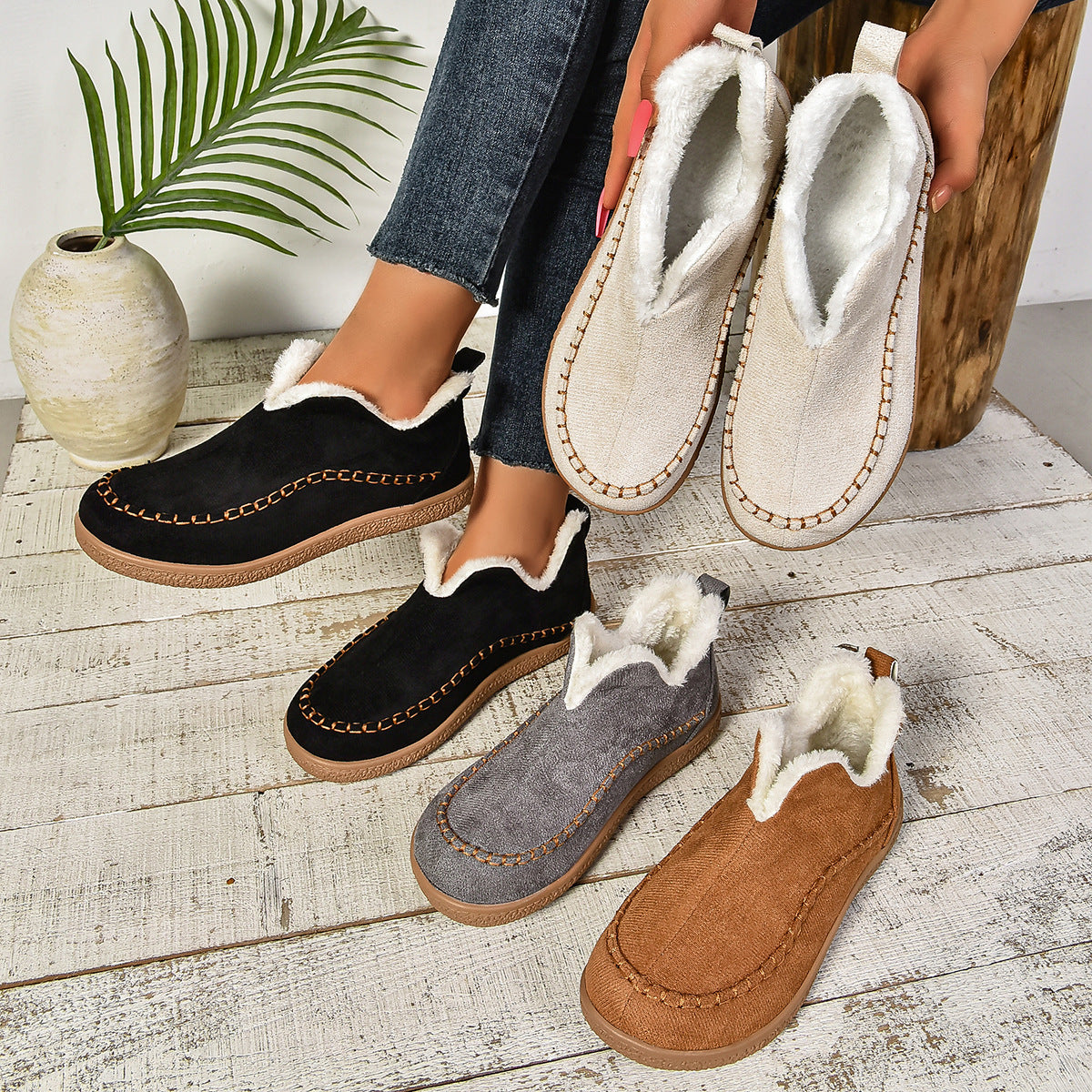 Auldweave women's fleece-lined winter slip-on shoes – black, grey, tan and cream colour options