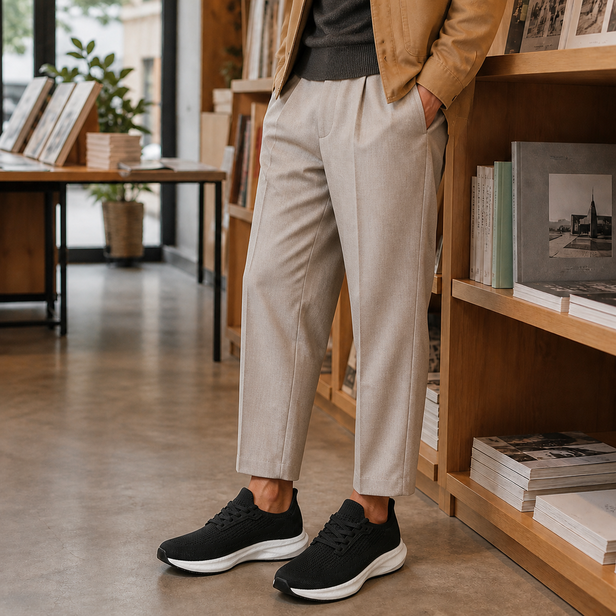 Black knit trainers worn during a long day in a bookshop