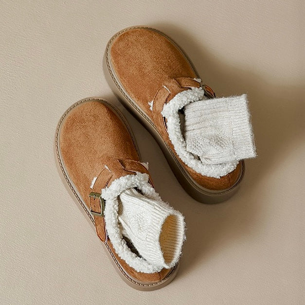 Auldweave women's fleece-lined platform Mary Jane shoes – tan pair viewed from above