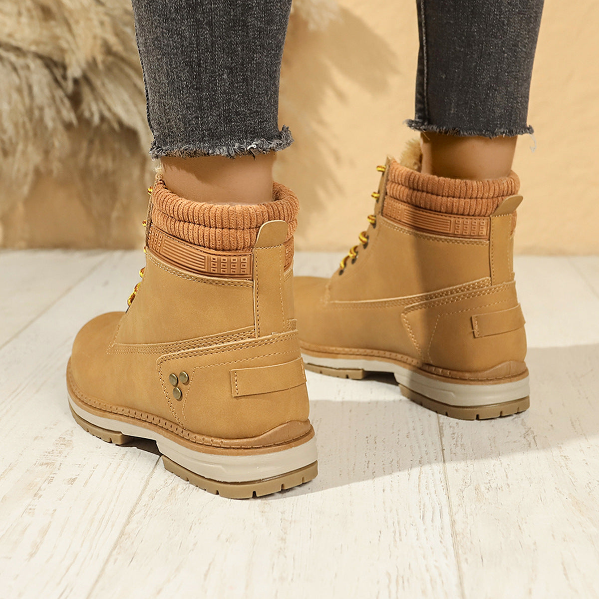 Faux-fur-lined winter ankle boots – tan pair rear view