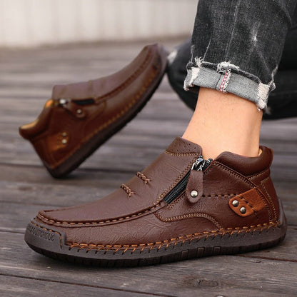 Men's wide fit, cushioned comfort, leather look ankle boots with everyday walking