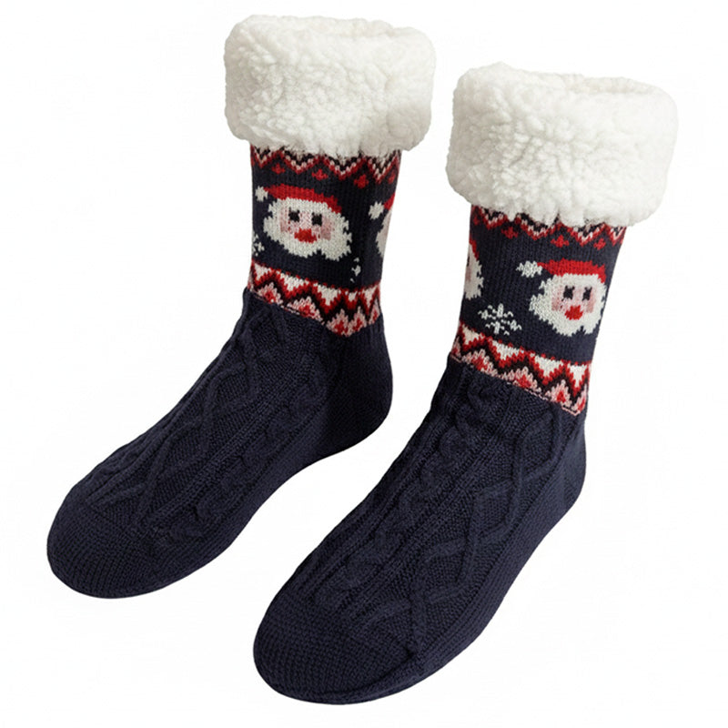 Christmas fleece-lined slipper socks – dark pair with festive pattern