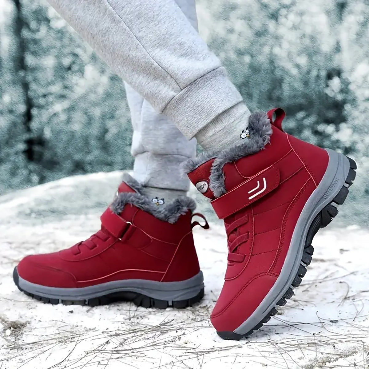 Red fleece-lined winter boots worn on frosty ground