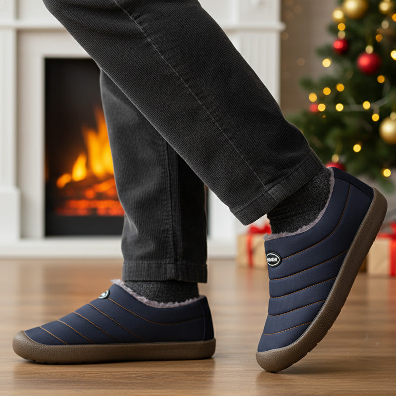 Fleece-lined winter clogs – navy pair worn indoors