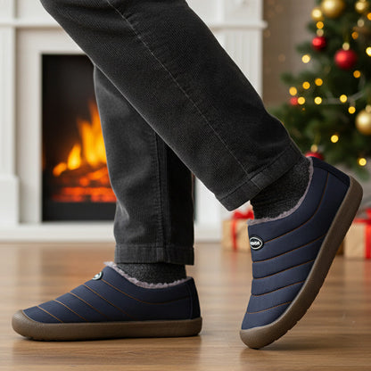 Fleece-lined winter clogs – navy pair worn indoors