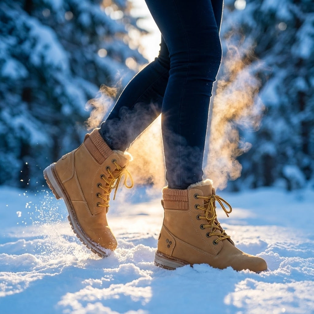 Faux-fur-lined winter ankle boots – tan pair worn in snow