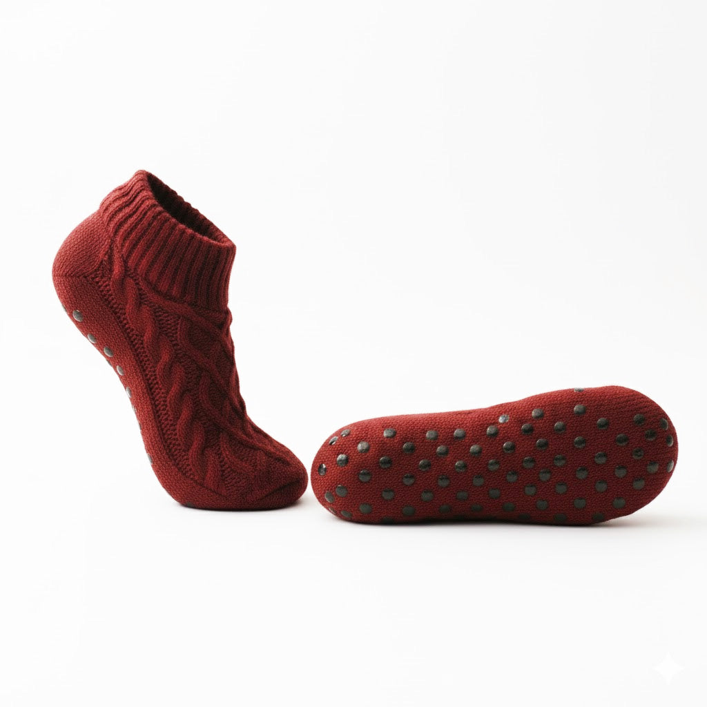 Auldweave women's knitted non-slip indoor slippers – burgundy pair showing knitted upper and sole grips