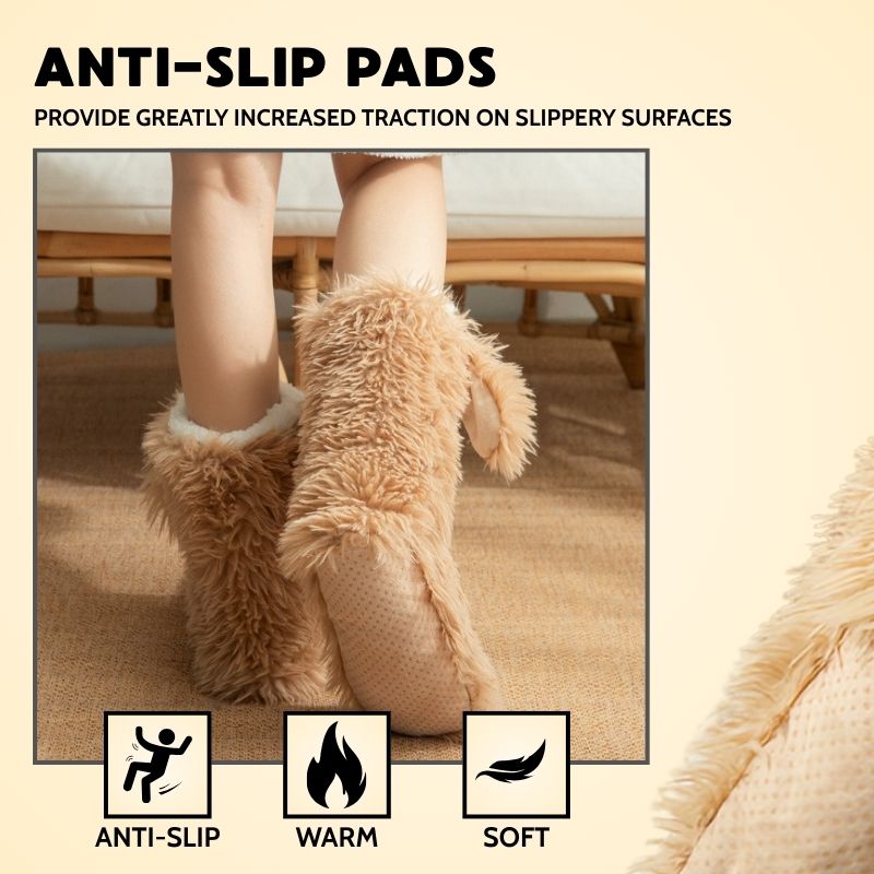 Fluffy dog slipper socks – tan pair with anti-slip feature graphic