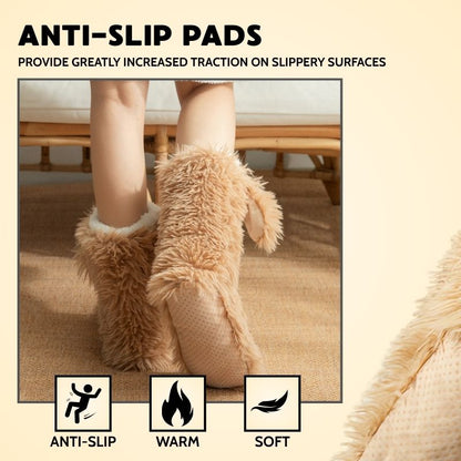 Fluffy dog slipper socks – tan pair with anti-slip feature graphic