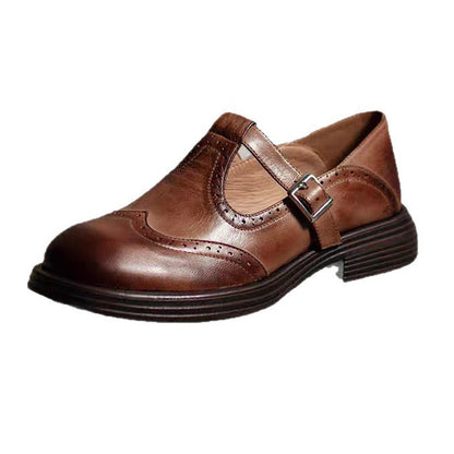 Brown women's wide fit Mary Jane brogue shoe with T-bar buckle strap and low heel