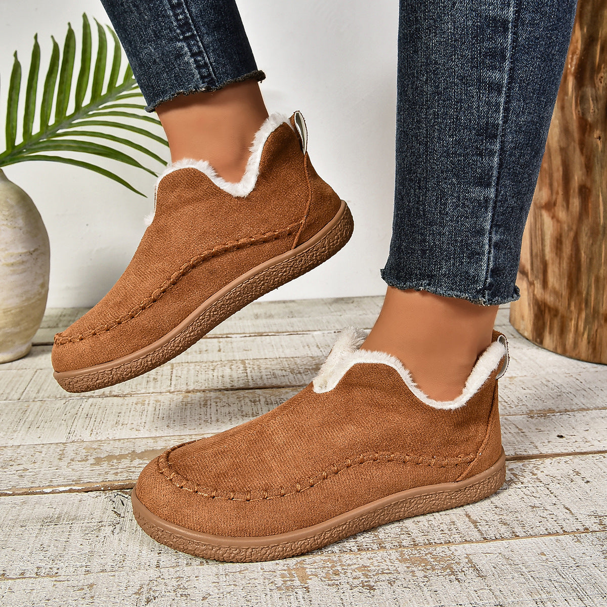 Auldweave women's fleece-lined winter slip-on shoes – tan shoes worn from the side