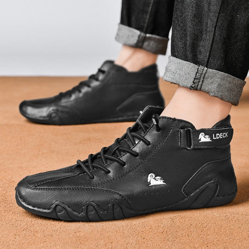Unisex leather boots with wide toe design and adjustable ankle strap