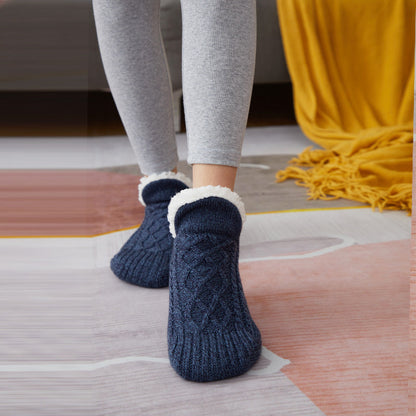Auldweave unisex soft fleece-lined slipper socks – blue pair worn from the front
