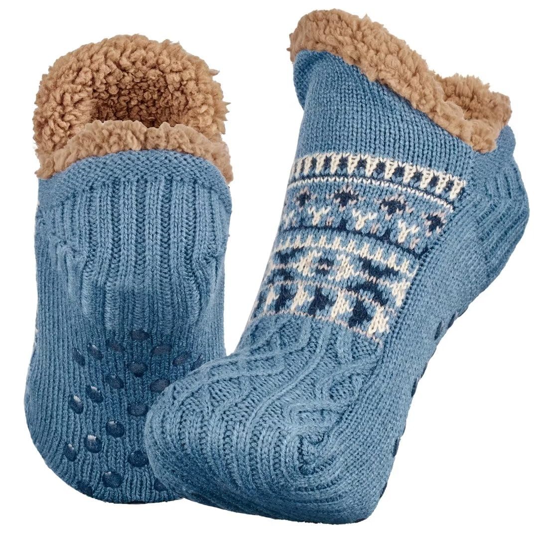 Auldweave unisex ultra-warm fleece-lined slipper socks – blue pair showing knitted sole grip