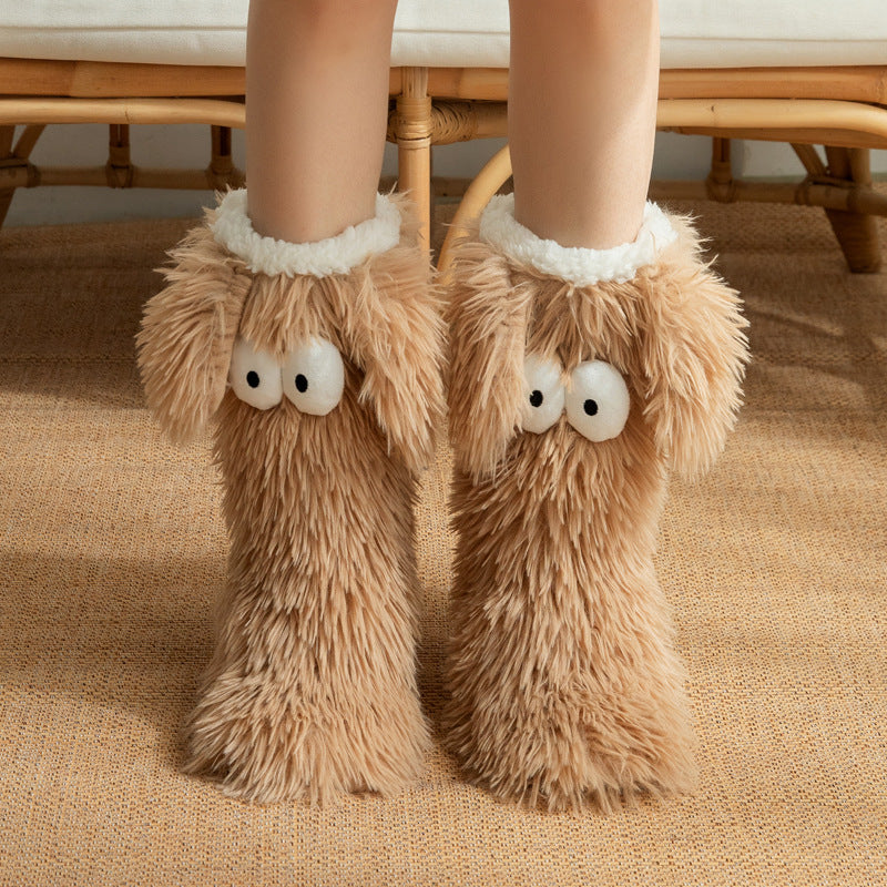 Fluffy dog slipper socks – tan pair on feet