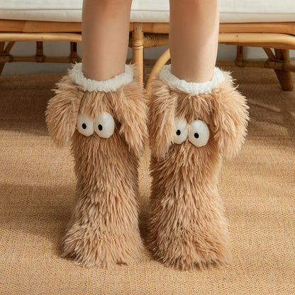 Fluffy dog slipper socks – tan pair on feet