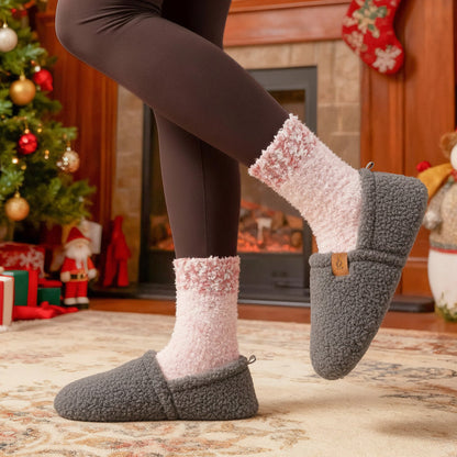 Auldweave women's warm shearling slippers – grey slippers worn by a fireplace