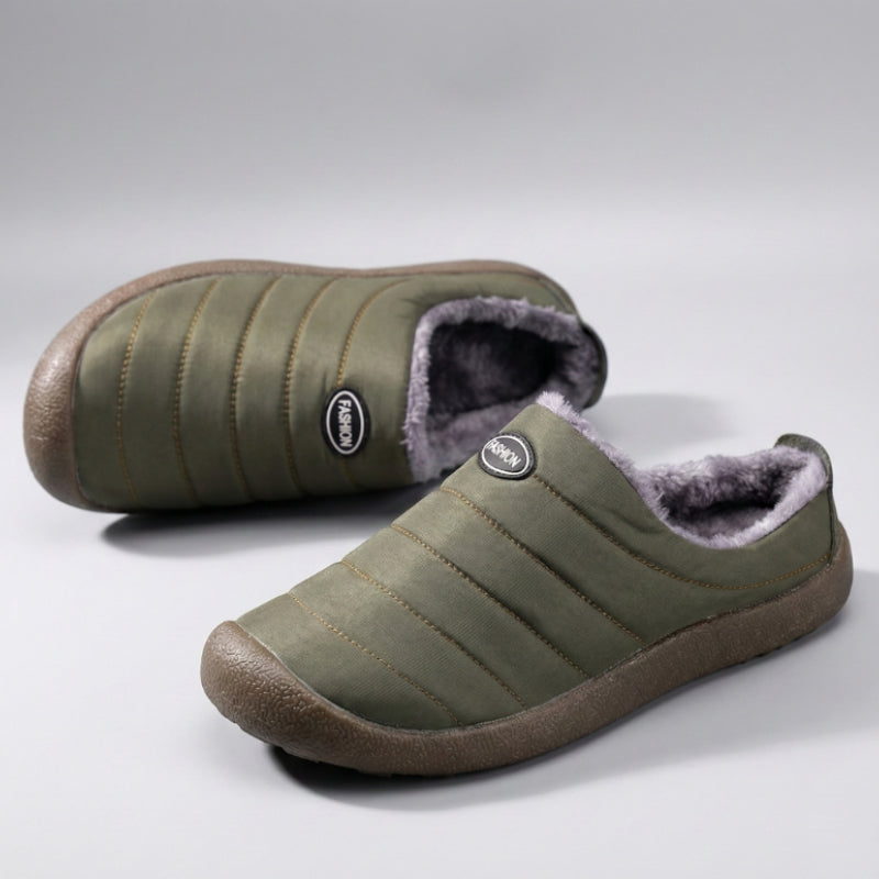 Fleece-lined winter clogs – olive pair from above